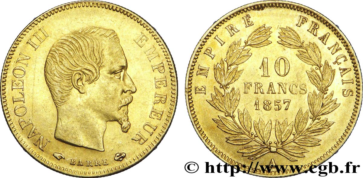 10 francs or Napoléon III, tête nue 1857 Paris F.506/4 SS 