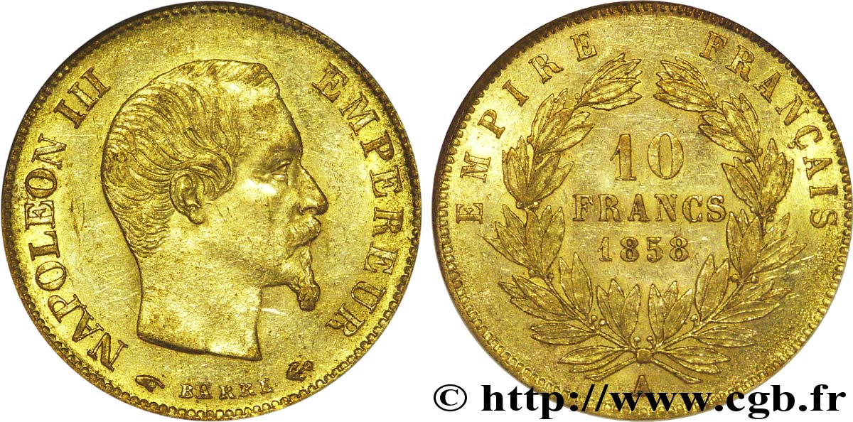 10 francs or Napoléon III, tête nue 1858 Paris F.506/5 VZ 