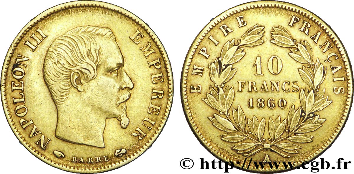 10 francs or Napoléon III, tête nue 1860 Paris F.506/9 MBC 