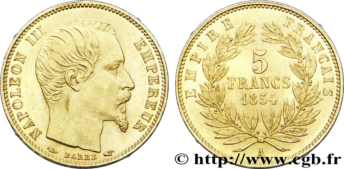 5 francs or Napoléon III, tête nue, petit module, tranche lisse 1854 Paris F.500/1 fST 