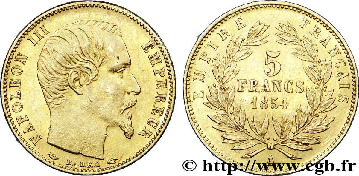 5 francs or Napoléon III, tête nue, petit module, tranche cannelée 1854 Paris F.500A/1 SUP 