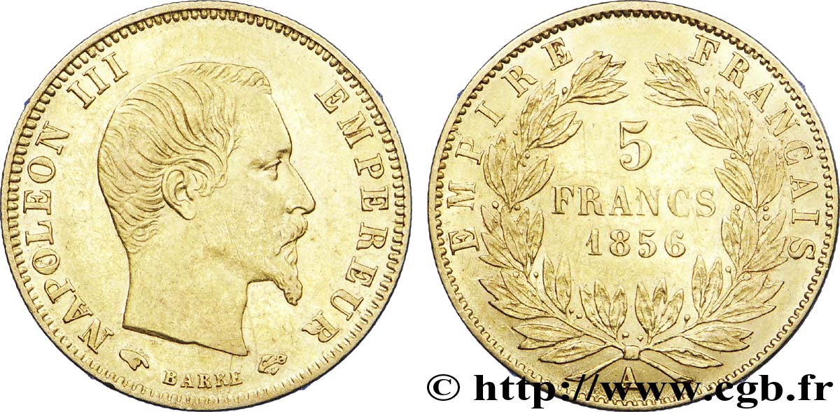 5 francs or Napoléon III, tête nue, grand module 1856 Paris F.501/2 XF 