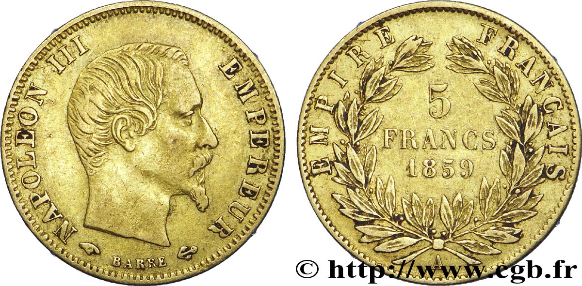 5 francs or Napoléon III, tête nue, grand module 1859 Paris F.501/7 MBC 