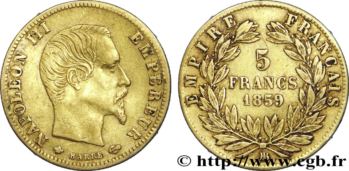5 francs or Napoléon III, tête nue, grand module 1859 Strasbourg F.501/8 SS 