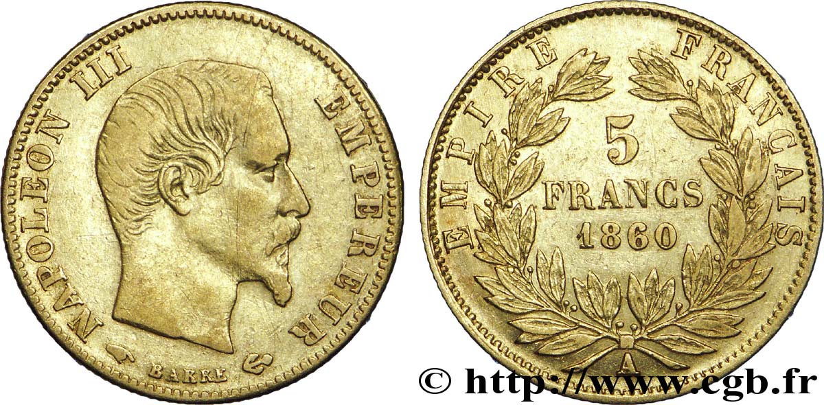 5 francs or Napoléon III, tête nue, grand module, différent main 1860 Paris F.501/10 MBC 