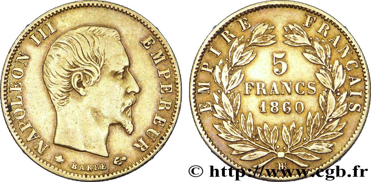 5 francs or Napoléon III, tête nue, grand module 1860 Strasbourg F.501/13 TTB 