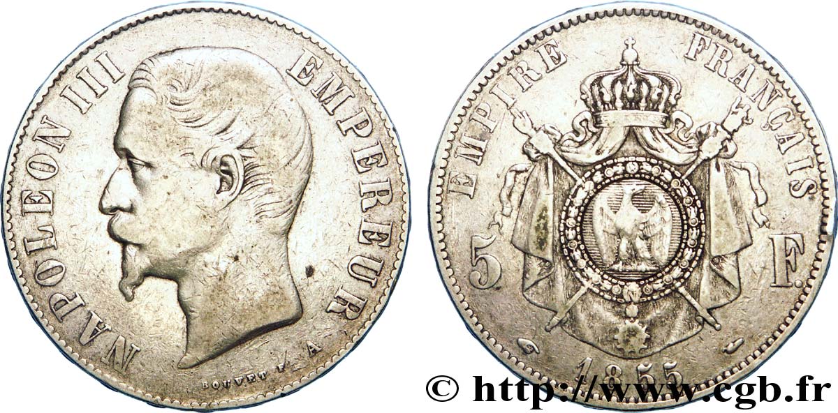 5 francs Napoléon III, tête nue, main-chien 1855 Paris F.330/2 TB 
