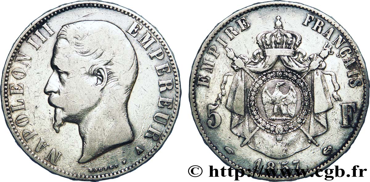 5 francs Napoléon III, tête nue 1857 Paris F.330/10 TB 
