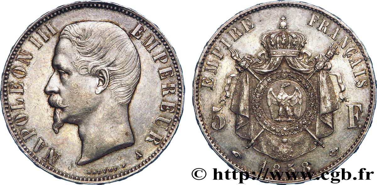 5 francs Napoléon III, tête nue 1858 Paris F.330/11 MBC 