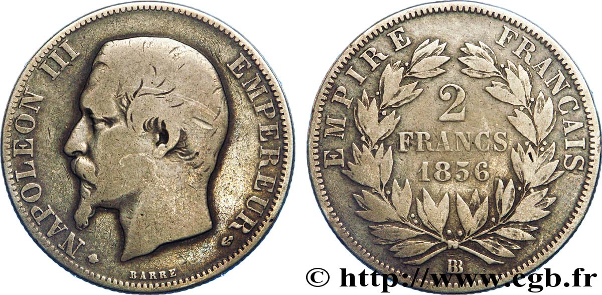 2 francs Napoléon III, tête nue 1856 Strasbourg F.262/6 TB 