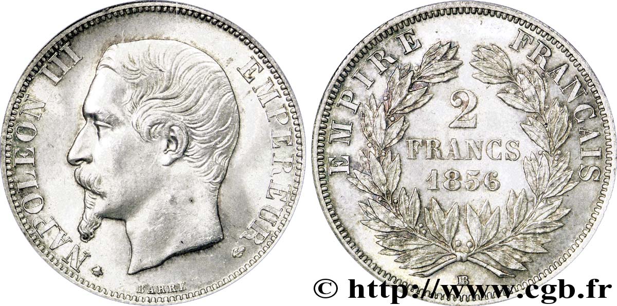2 francs Napoléon III, tête nue, petit BB 1856 Strasbourg F.262/7 SPL 