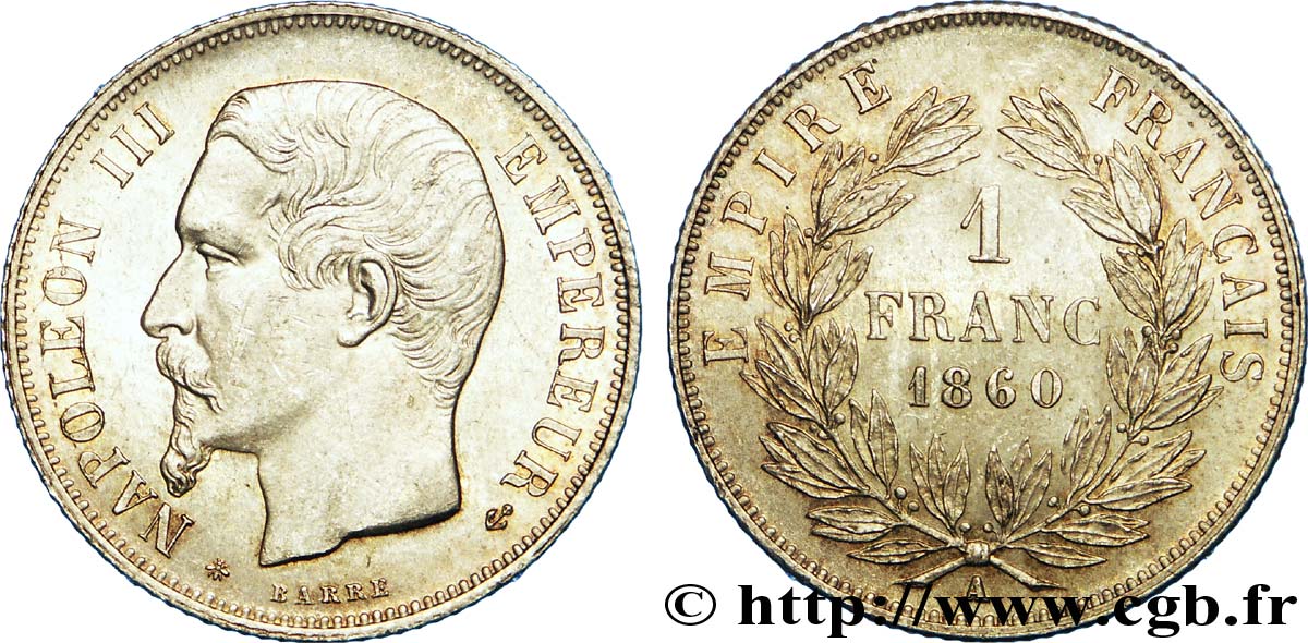 1 franc Napoléon III, tête nue, différent abeille 1860 Paris F.214/15 EBC 