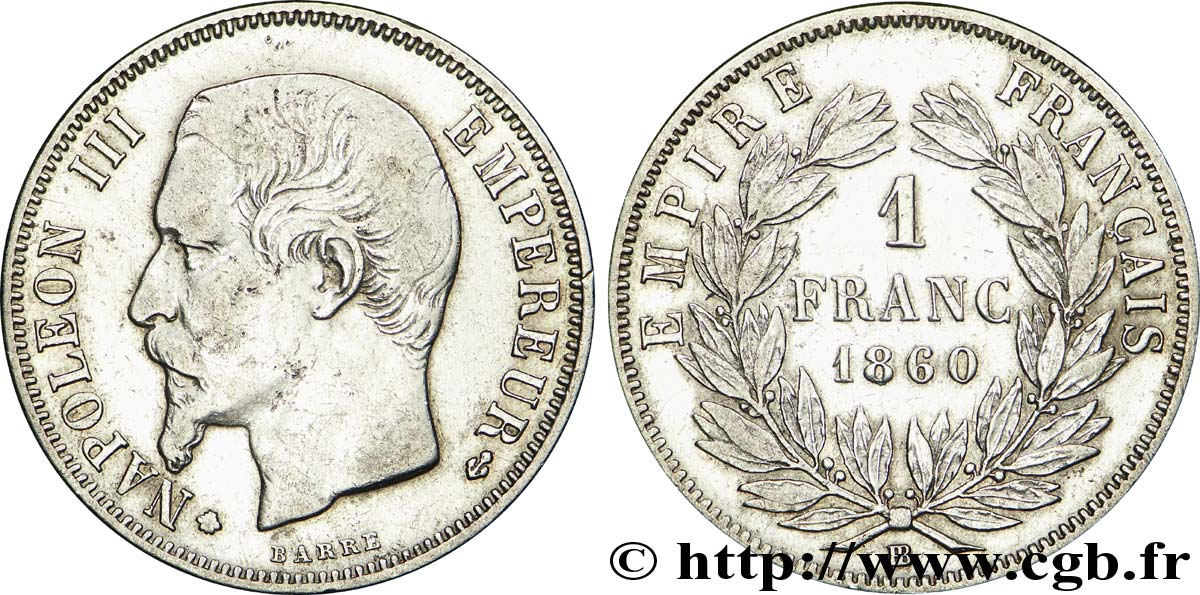1 franc Napoléon III, tête nue, différent abeille 1860 Strasbourg F.214/17 TTB 