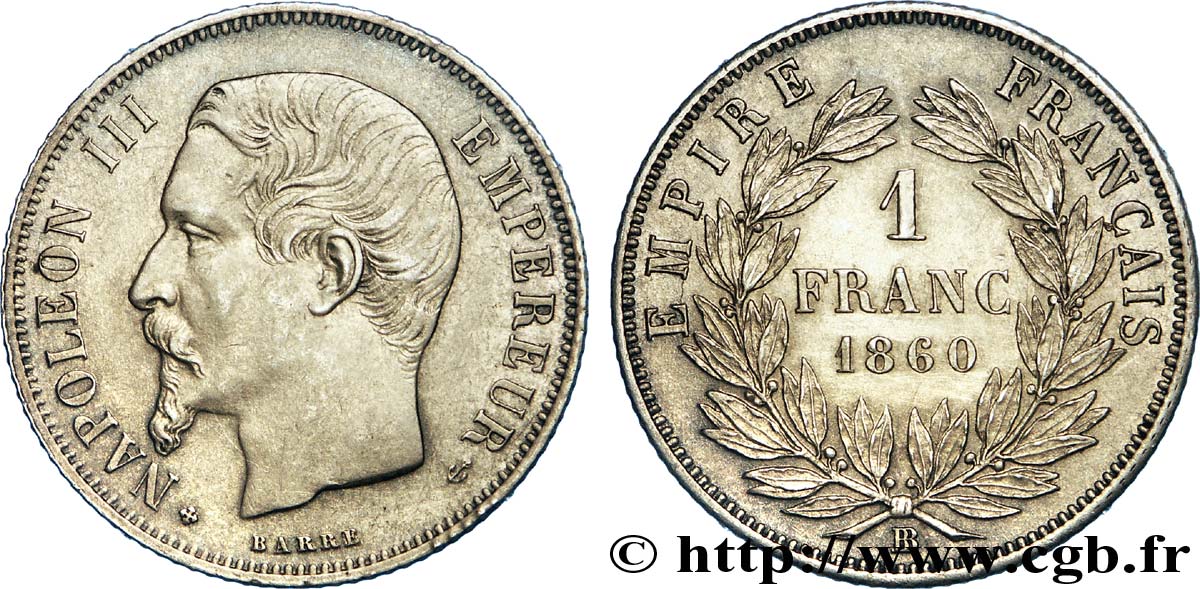 1 franc Napoléon III, tête nue, différent croix 1860 Strasbourg F.214/19 SPL 