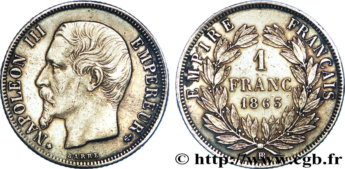 1 franc Napoléon III, tête nue 1863 Strasbourg F.214/21 MBC 