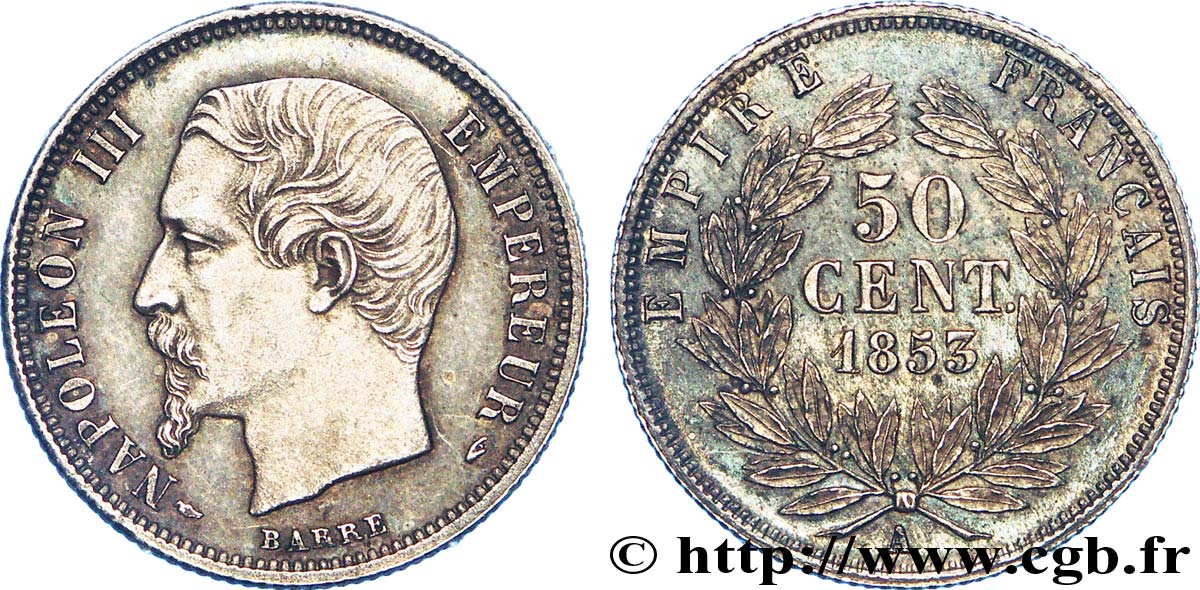 50 centimes Napoléon III, tête nue 1853 Paris F.187/1 EBC 