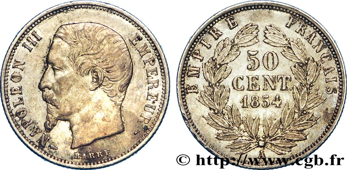 50 centimes Napoléon III, tête nue 1854 Paris F.187/2 XF 