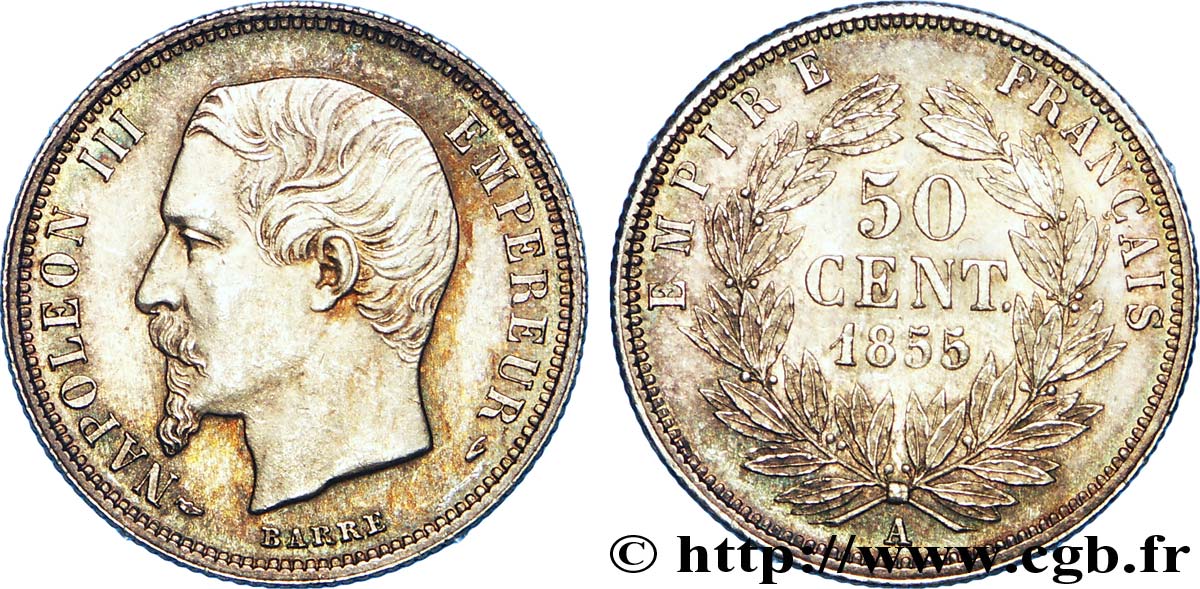 50 centimes Napoléon III, tête nue 1855 Paris F.187/3 SPL 