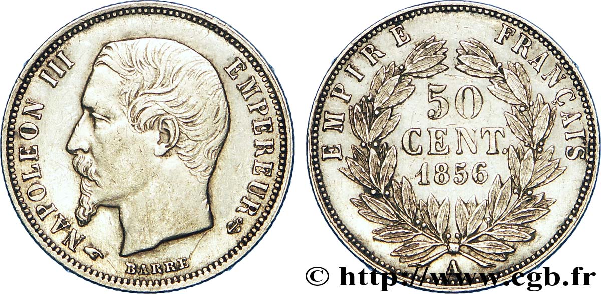 50 centimes Napoléon III, tête nue 1856 Paris F.187/4 XF 