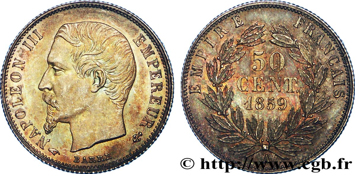 50 centimes Napoléon III, tête nue 1859 Paris F.187/10 SPL 