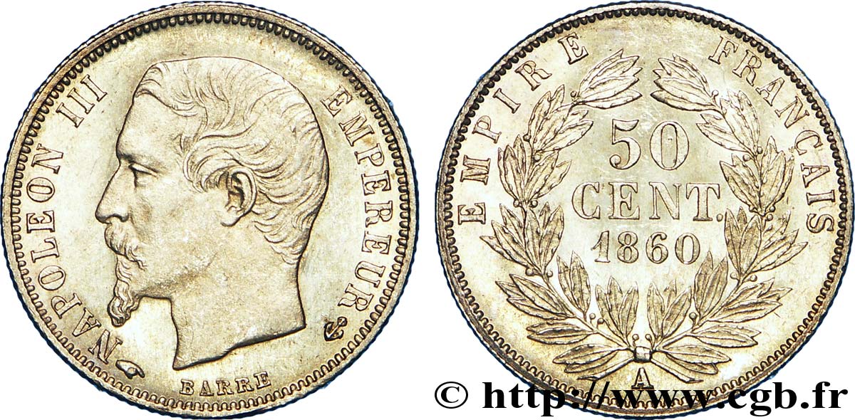 50 centimes Napoléon III, tête nue 1860 Paris F.187/13 EBC 