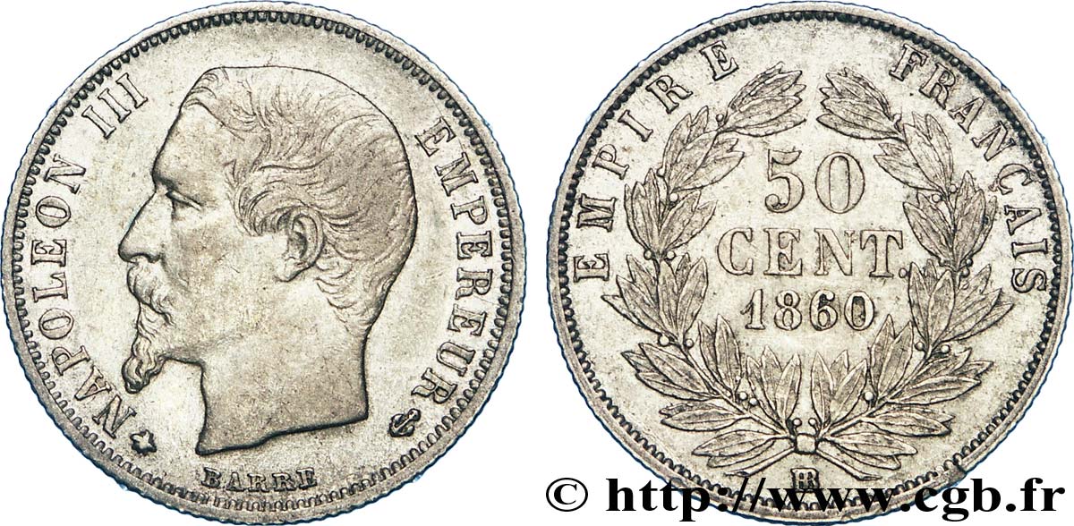 50 centimes Napoléon III, tête nue, différent abeille 1860 Strasbourg F.187/14 XF 