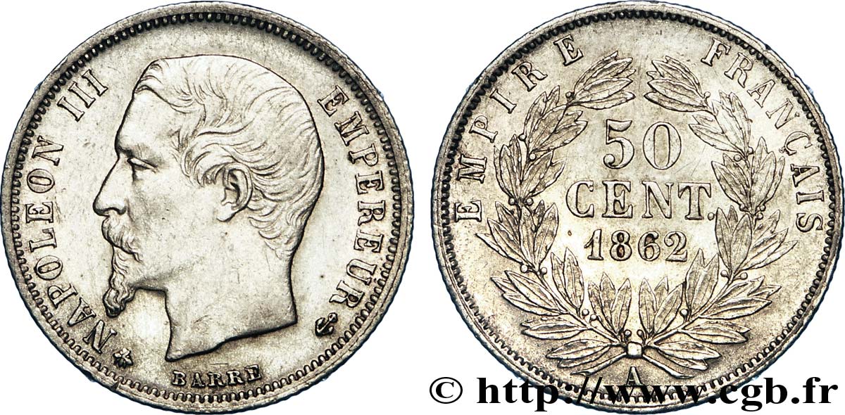 50 centimes Napoléon III, tête nue 1862 Paris F.187/16 AU 