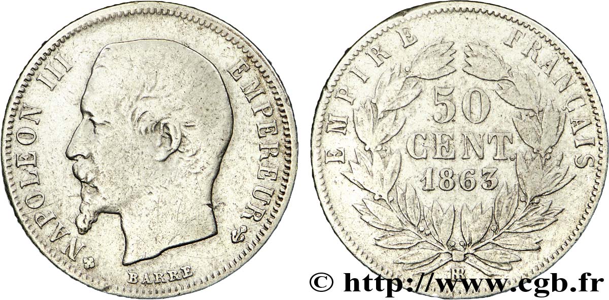 50 centimes Napoléon III, tête nue 1863 Strasbourg F.187/17 VF 