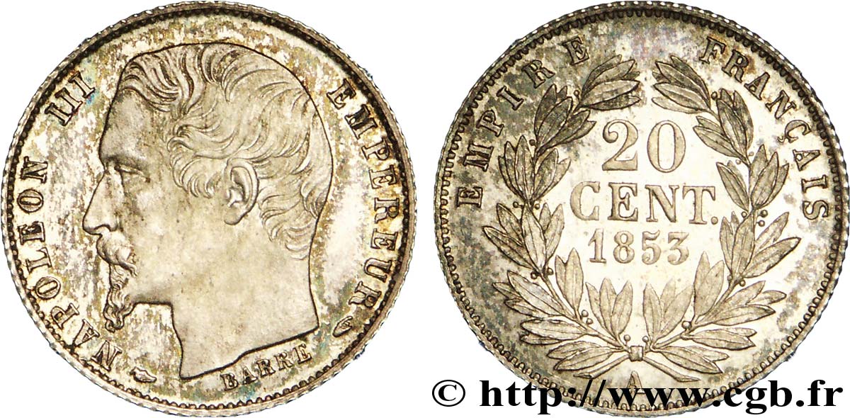 20 centimes Napoléon III, grosse tête, frappe d épreuve 1853 Paris F.147/1 FDC 
