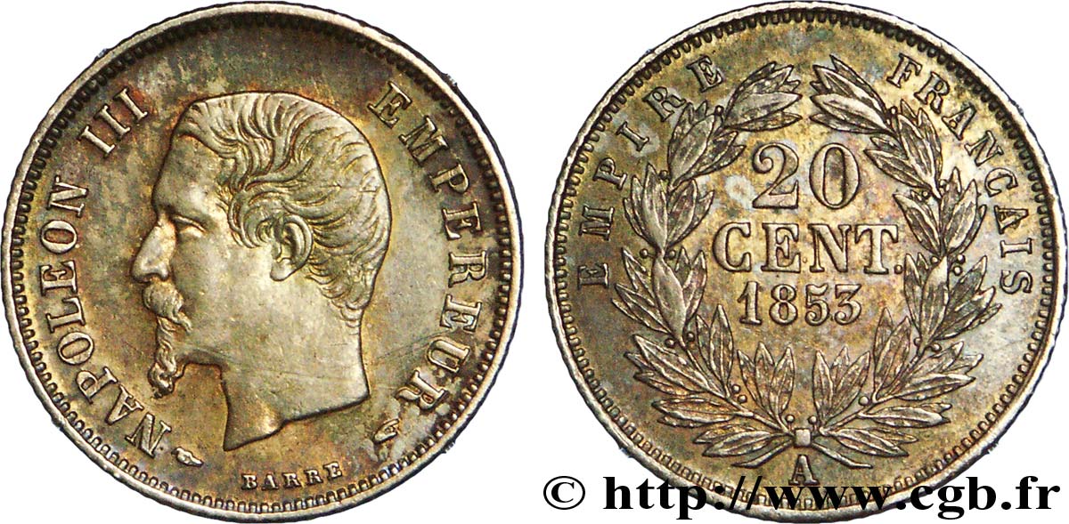 20 centimes Napoléon III, tête nue 1853 Paris F.148/1 XF 