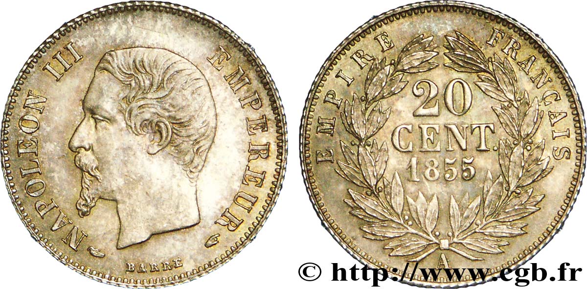 20 centimes Napoléon III, tête nue 1855 Paris F.148/3 SUP 