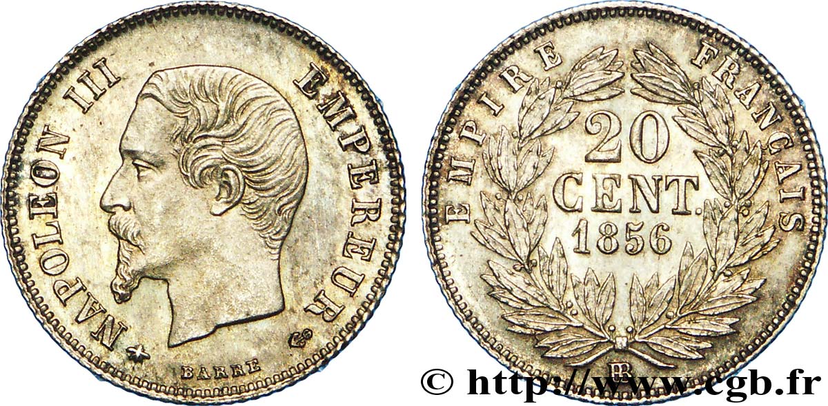 20 centimes Napoléon III, tête nue 1856 Strasbourg F.148/5 VZ 