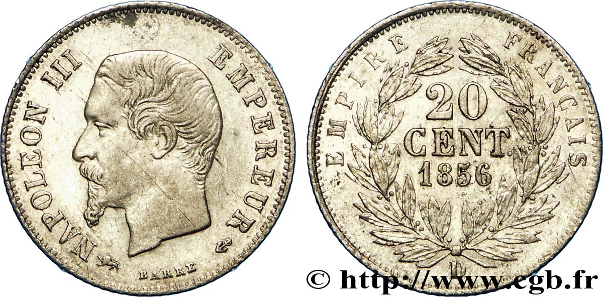 20 centimes Napoléon III, tête nue 1856 Lyon F.148/6 VZ 