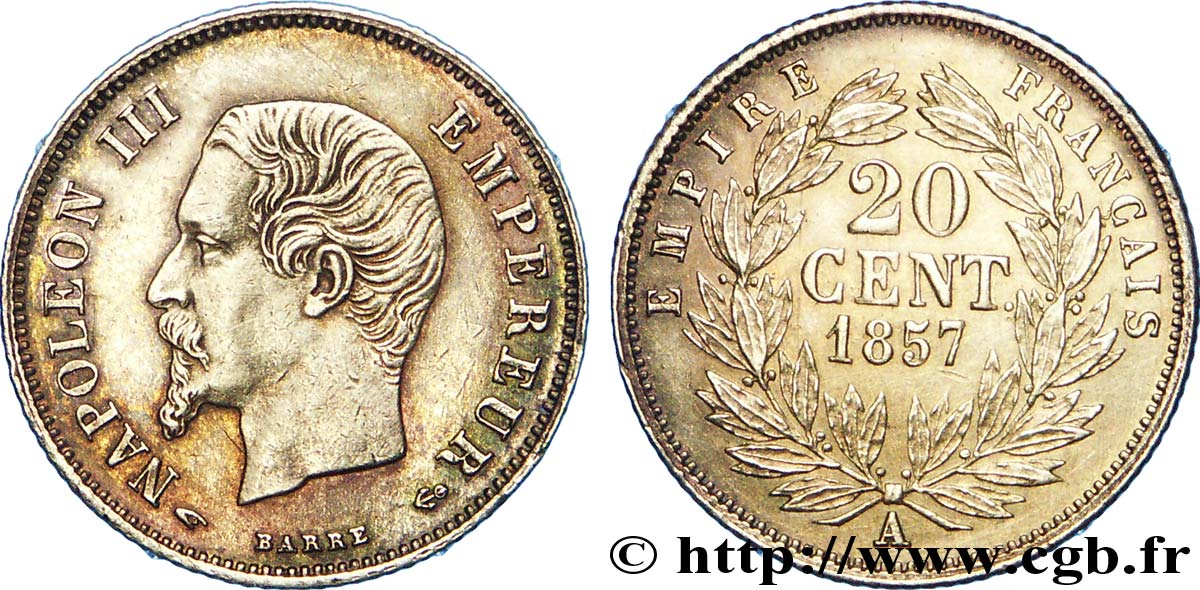 20 centimes Napoléon III, tête nue 1857 Paris F.148/7 EBC 
