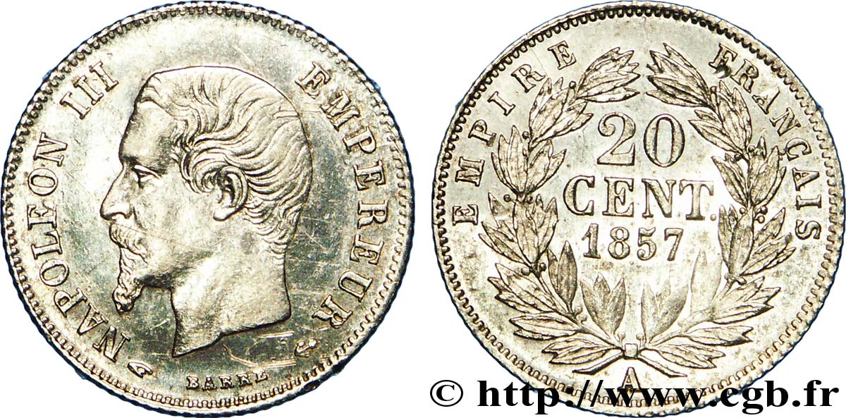 20 centimes Napoléon III, tête nue 1857 Paris F.148/7 EBC 