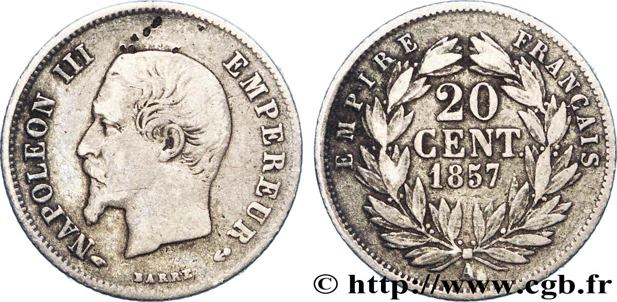 20 centimes Napoléon III, tête nue, petit A 1857 Paris F.148/8 TB 