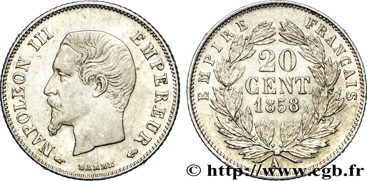 20 centimes Napoléon III, tête nue 1858 Paris F.148/10 XF 