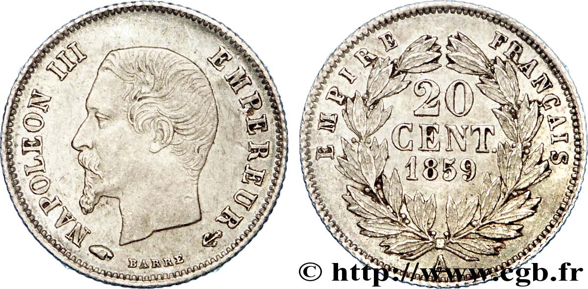 20 centimes Napoléon III, tête nue 1859 Paris F.148/12 EBC 