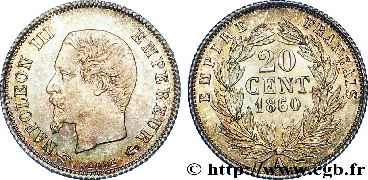 20 centimes Napoléon III, tête nue 1860 Paris F.148/13 SPL 