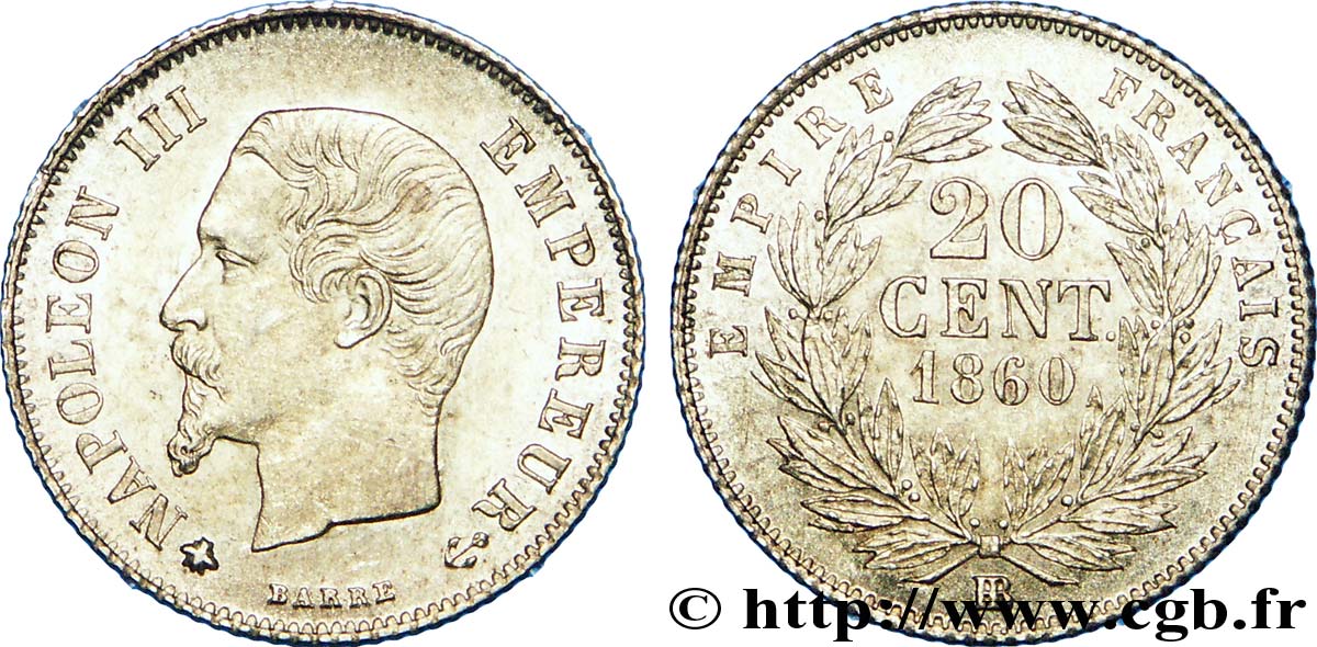 20 centimes Napoléon III, tête nue 1860 Strasbourg F.148/16 SPL 