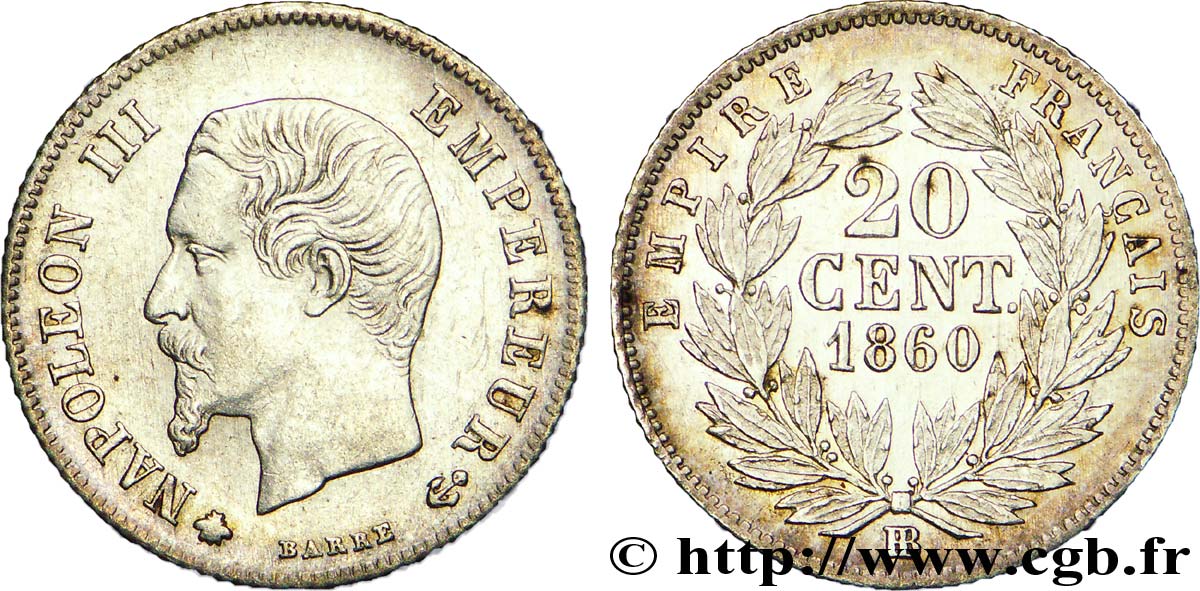 20 centimes Napoléon III, tête nue 1860 Strasbourg F.148/16 EBC 