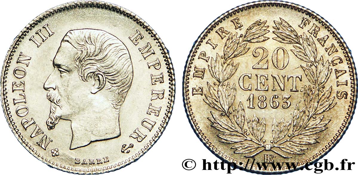 20 centimes Napoléon III, tête nue 1863 Strasbourg F.148/18 AU 