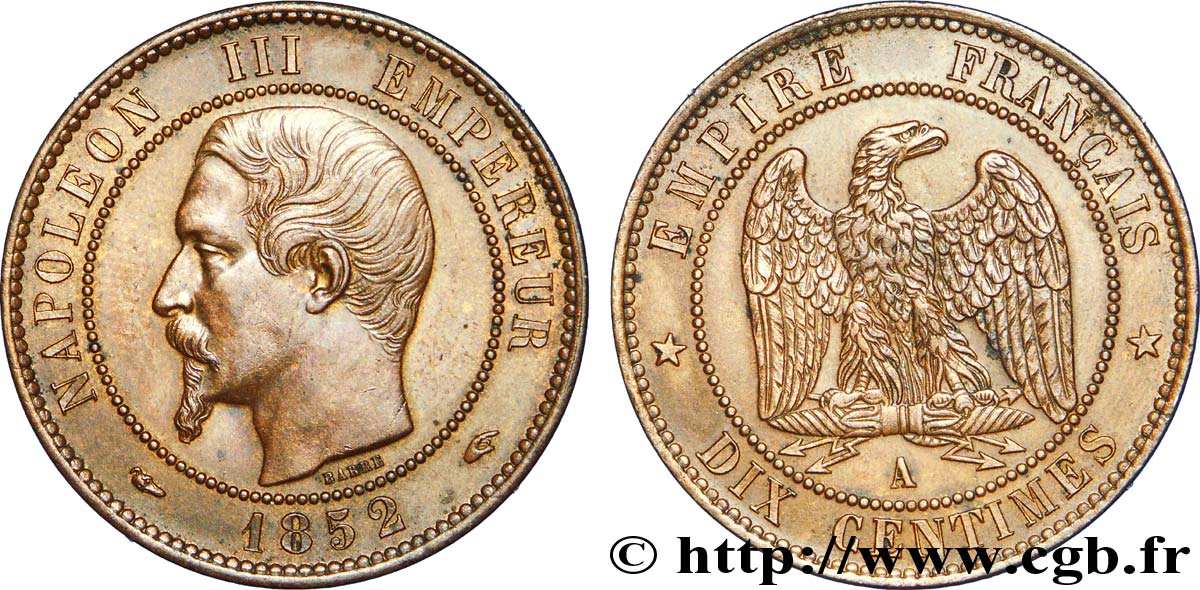 Dix centimes Napoléon III, tête nue 1852 Paris F.133/1 SPL 