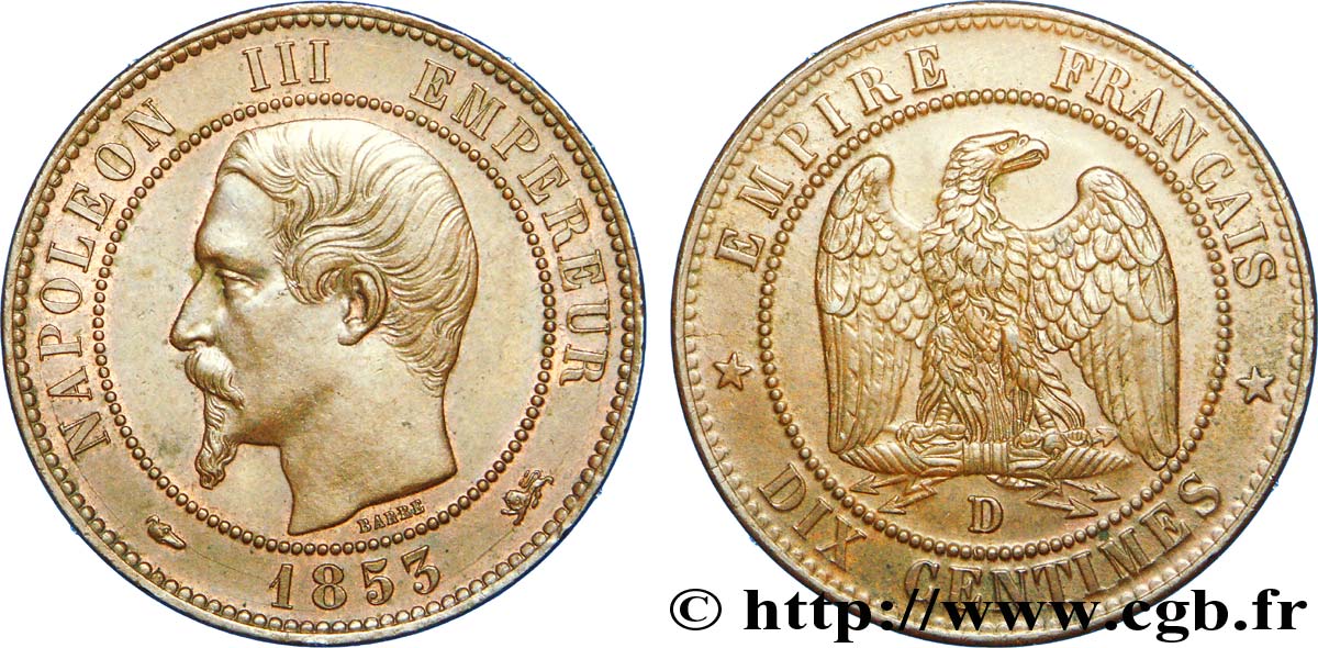 Dix centimes Napoléon III, tête nue 1853 Lyon F.133/5 AU 