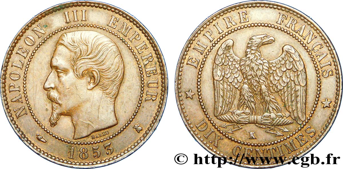 Dix centimes Napoléon III, tête nue 1853 Bordeaux F.133/6 TTB 