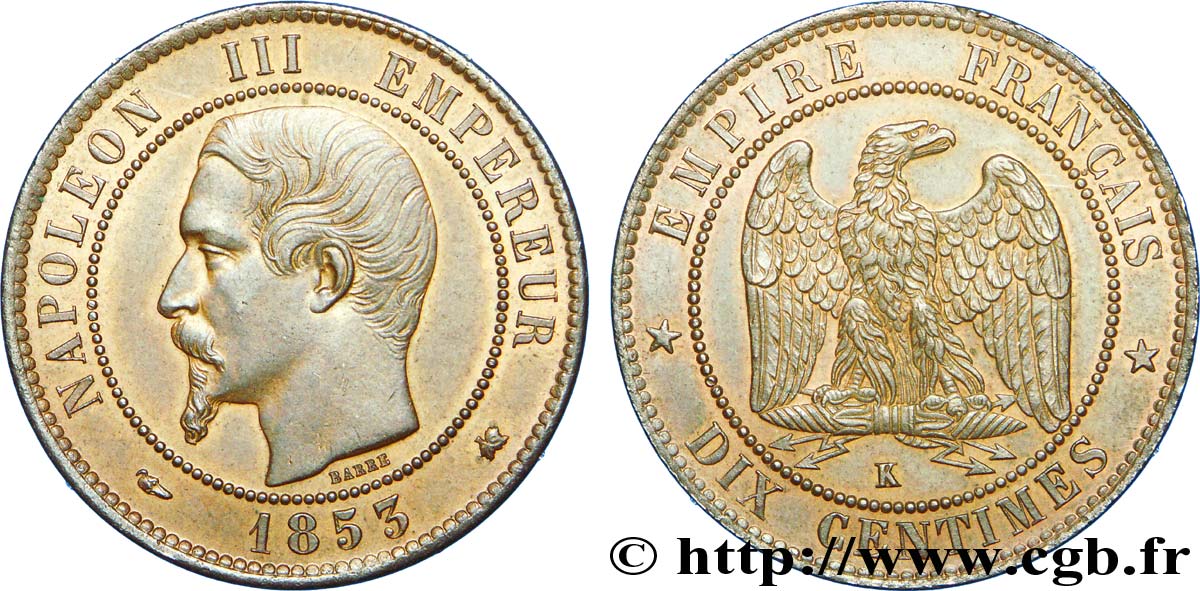 Dix centimes Napoléon III, tête nue 1853 Bordeaux F.133/7 AU 