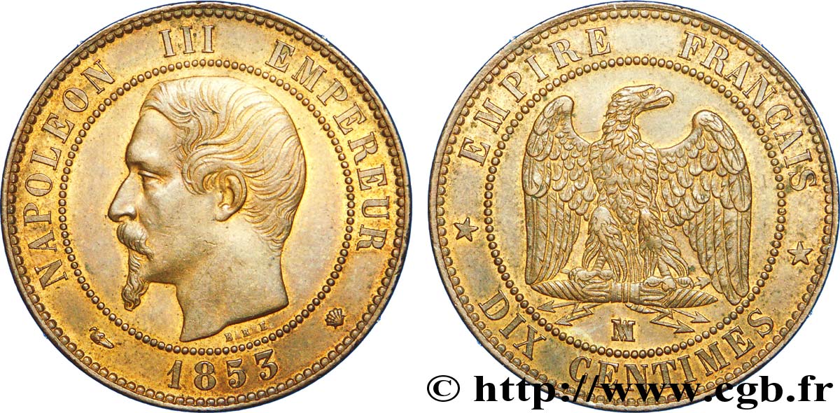 Dix centimes Napoléon III, tête nue 1853 Marseille F.133/8 SUP 