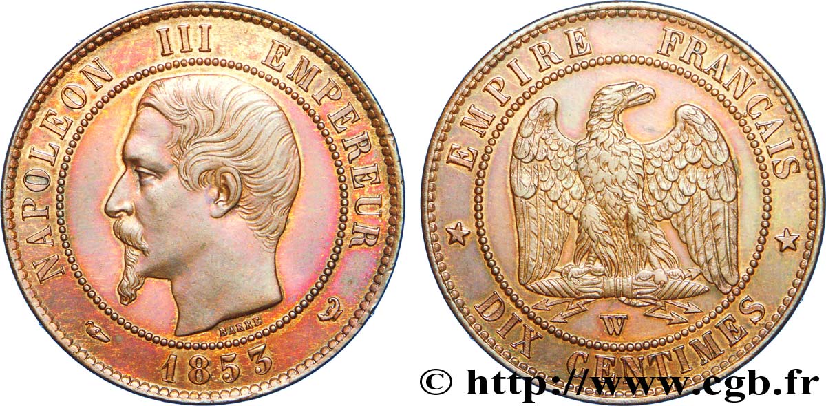 Dix centimes Napoléon III, tête nue 1853 Lille F.133/10 EBC 