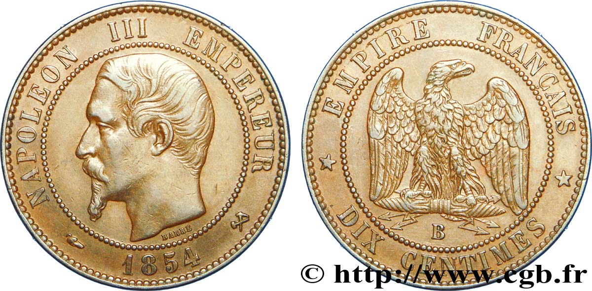 Dix centimes Napoléon III, tête nue 1854 Rouen F.133/12 TTB 