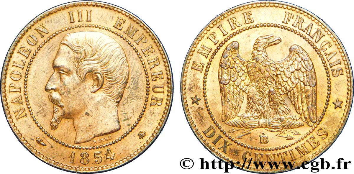 Dix centimes Napoléon III, tête nue, petite abeille 1854 Strasbourg F.133/13 MBC 